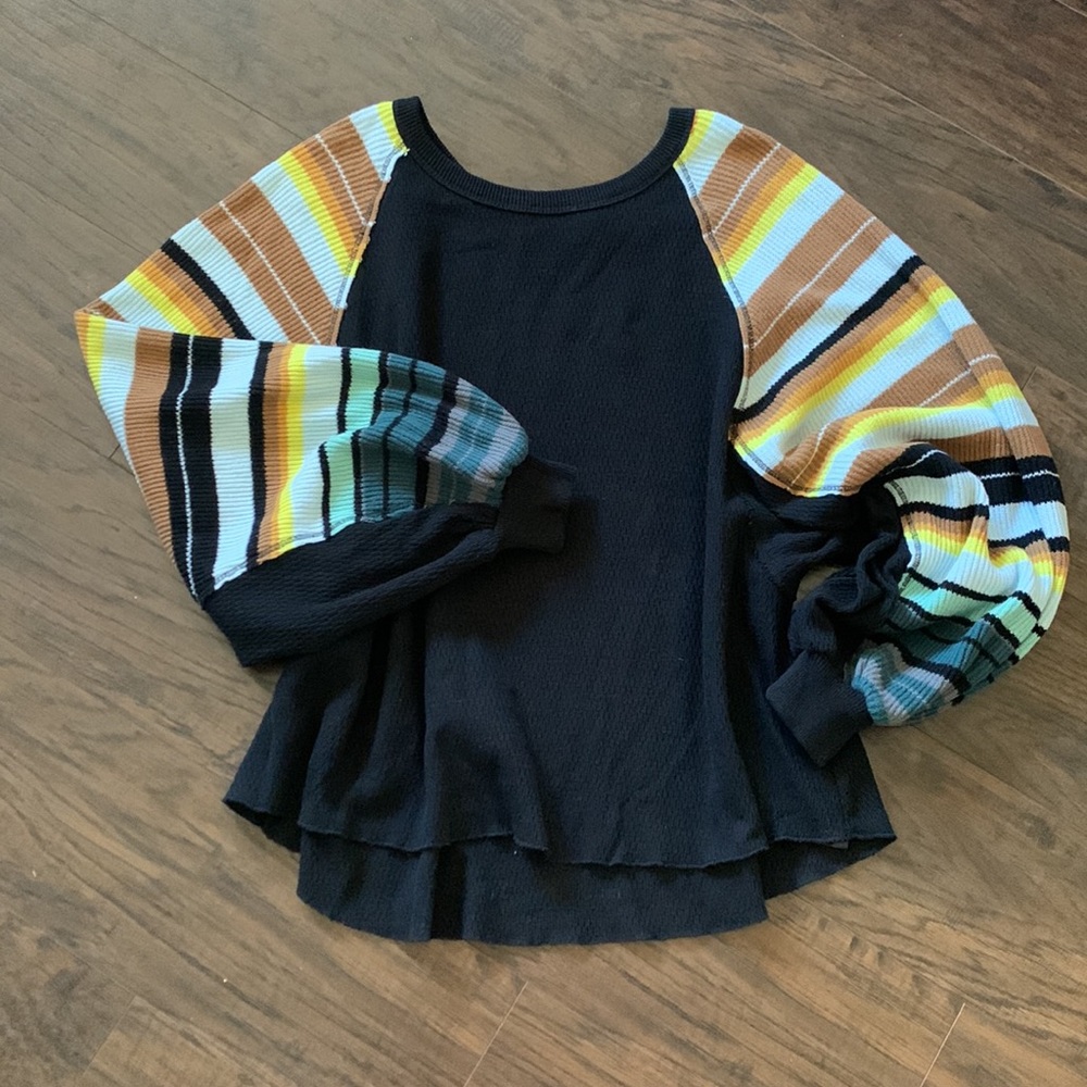 We the Free ( Free People ) waffle knit thermal w/ bold striped balloon sleeves